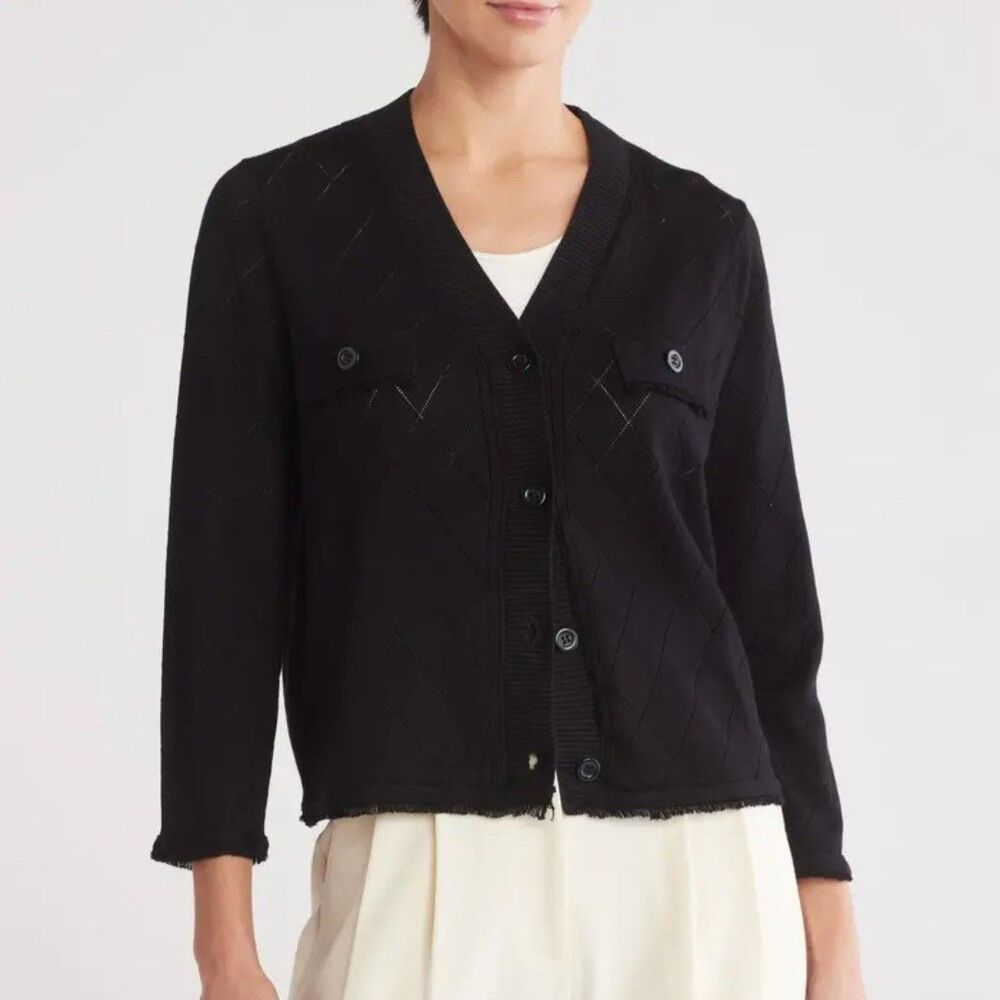 Adrianna Papell Black Diamond Jacquard Knit 3/4 Sleeve Boxy Buttoned Cardigan